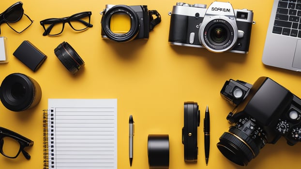 items on yellow table, background design of random objects on table photo