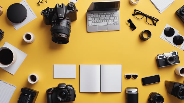 items on yellow table, background design of random objects on table photo