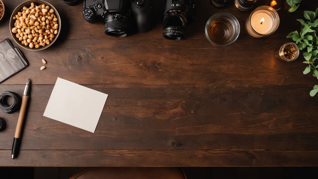 items on brown table, background design of random objects on table photo