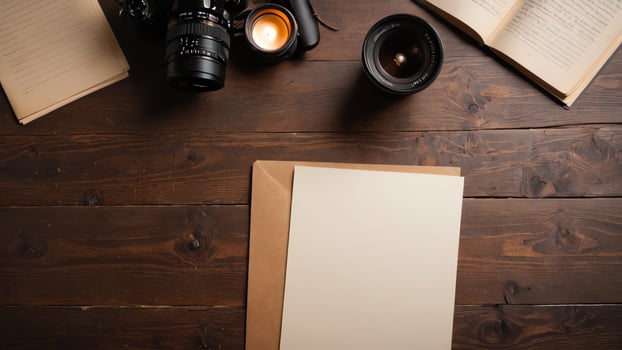 items on brown table, background design of random objects on table photo