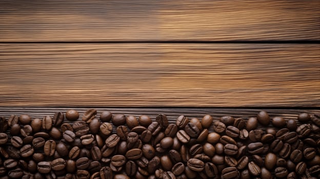 Coffee bean border with text space on wooden background, photo shot