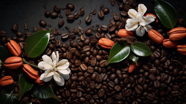 Coffee beans and coffee tree blossom isolated on background. photo