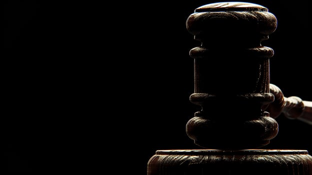 A close-up, dramatic shot of a judge's gavel poised above a sound block, illuminated against a dark background. photo