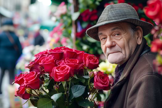 A man holding roses in a hat photo