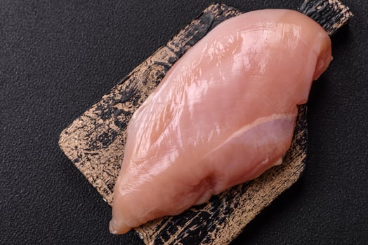 Raw chicken fillet with salt, spices and herbs photo