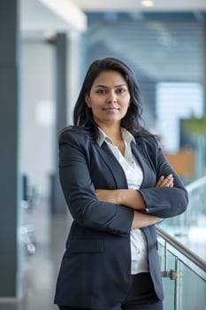 A confident beautiful young Indian businesswoman stands in an office with arms crossed photo