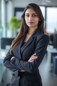 A confident beautiful young Indian businesswoman stands in an office with arms crossed photo