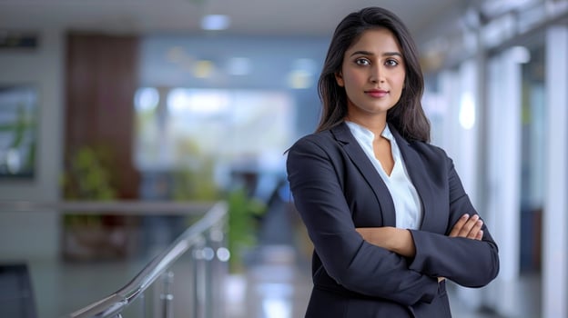 A confident beautiful young Indian businesswoman stands in an office with arms crossed photo