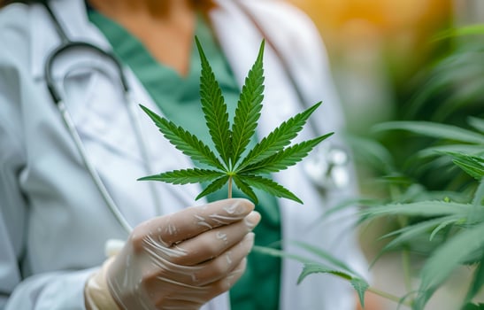 Doctor holds cannabis leaf in her hand. Close up photo of doctor holding a cannabis leaf