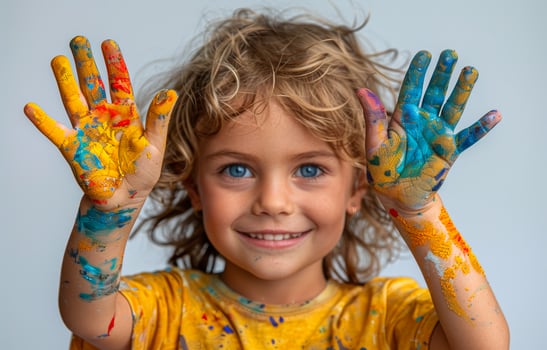 Little girl shows her hands soiled with paint. Happy child holding up colorful painted hands photo