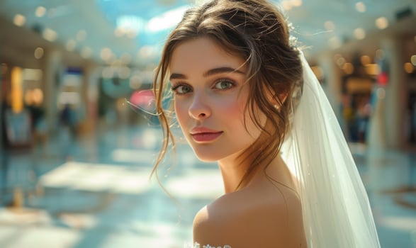 Beautiful bride in white dress stands in shopping center photo