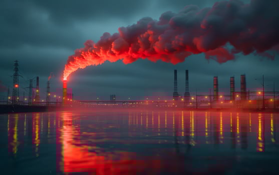 Red smoke from the chimneys of the plant at night. Environmental pollution. photo