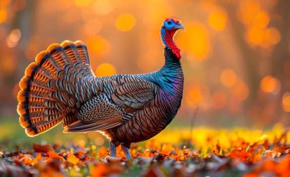 Wild Turkey or Common Wild Turkey with its tail feathers fanned out standing on the forest floor photo