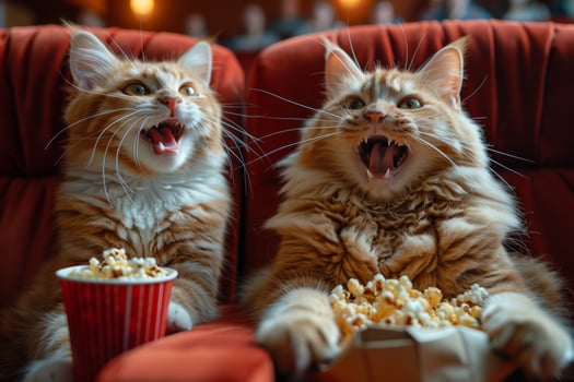 Two cats are watching movie in the cinema and eat popcorn. Two cute cats photo