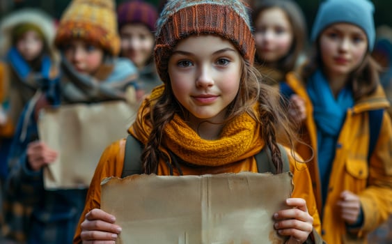 Children are on strike in the background. The girl is holding poster with blank space for your text or advertisement photo