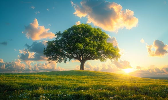 Single tree on grassy hill with beautiful sunset in the background photo