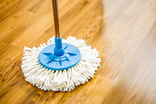 A close up of a mop on a wooden floor with a blue handle photo