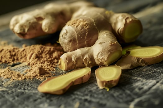 Close-up of ginger root and powder photo