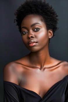 A close up of a woman in a black dress with a black background photo