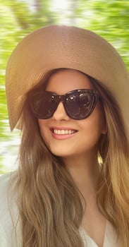 Beauty, summer holiday and fashion, face portrait of happy woman wearing hat and sunglasses, for skincare cosmetics, sunscreen spf lifestyle look photo