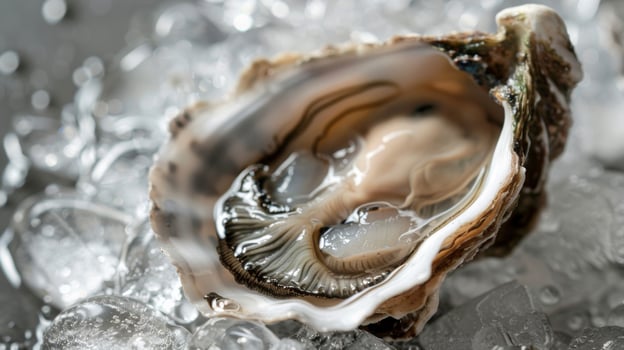 A detailed view of a single oyster resting on a bed of ice, showcasing its shell and texture photo