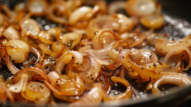 Onions sizzling as they are cooked in a frying pan on a stove, releasing a delicious aroma photo