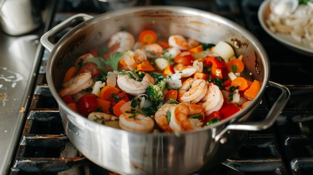 A pan filled with shrimp and assorted vegetables cooking on a stove photo