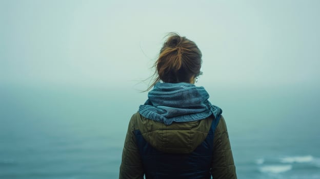 A woman stands alone lost in thought as stares out at the vast expanse of the ocean. . photo