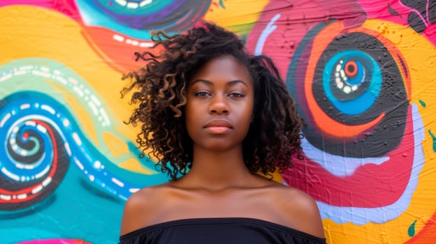 In this portrait a young woman of color stands in front of a vibrant mural filled with swirling patterns and bold colors. Her graceful stance and calm demeanor capture the fluid energy photo