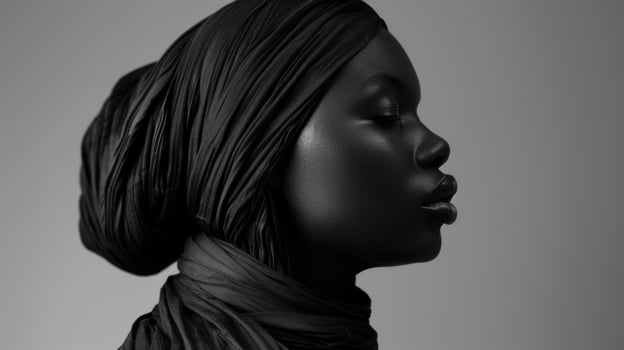 In a stunning monochromatic shot a black woman stands tall her head covered in a hijab showcasing a breathtaking array of colors and textures. The flawless HD quality of the portrait photo