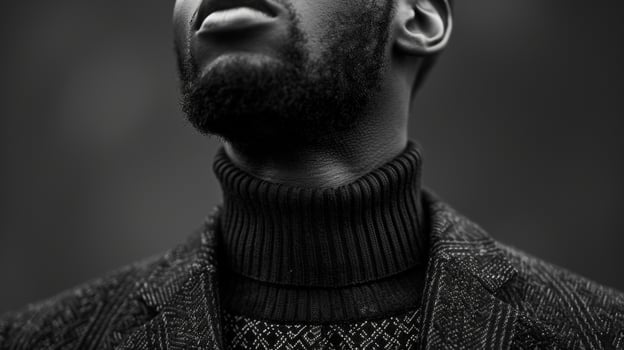 In a striking display of edgy glamour a black man radiates confidence and style in a monochrome portrait sporting a sharp highcollared blazer in deep charcoal paired with a bold photo