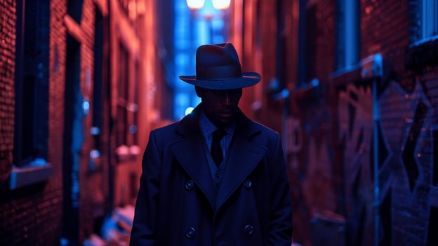 A smoothtalking black man strolls down a deserted alleyway the sharp lines of his fedora and trench coat reminiscent of old cinema detective films. Yet the neon signs and graffiti photo