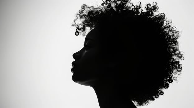 The silhouette of a woman against a bright white background her curls and curves creating a stunning contrast against the blank canvas. This photo symbolizes the endless possibilities