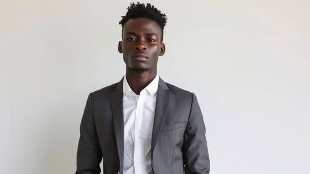 A handsome black man stands in front of a white backdrop wearing a simple yet impeccably tailored suit. His sharp features and smooth sleek hairstyle accentuate the minimalist design photo