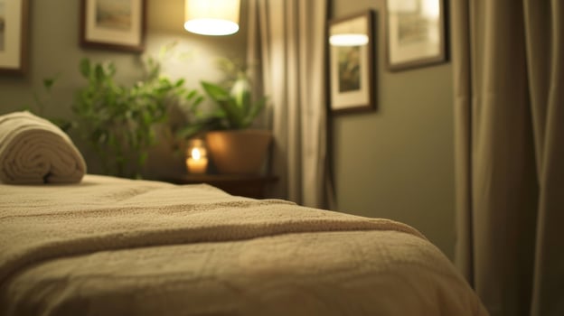 The treatment rooms continue the peaceful atmosphere with soft billowy curtains and dim lighting as guests lie on a plush neutralcolored massage bed dd in a soft cotton blanket. The photo