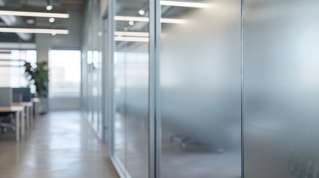 Along the walls of the office frosted glass partitions create designated spaces for brainstorming and impromptu meetings. The frosted finish provides a level of privacy while still photo