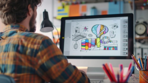 A creative employee sits at their desk surrounded by sketches and colorful markers as they brainstorm and plan out the design for a new company brochure. A computer screen displays photo