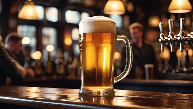 a beer glass sitting on a bar with a tap photo