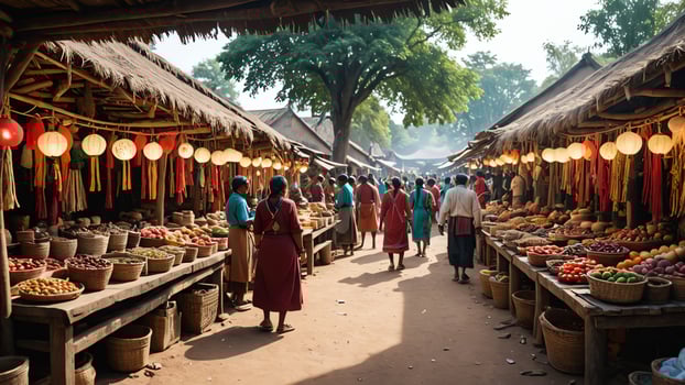 people walk through a traditional market with fruit and vegetables photo