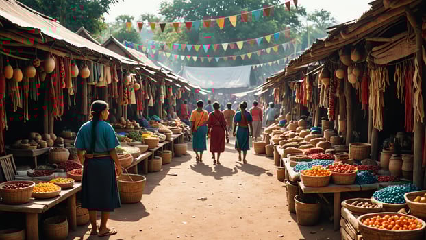 people walk through a traditional market with fruit and vegetables photo