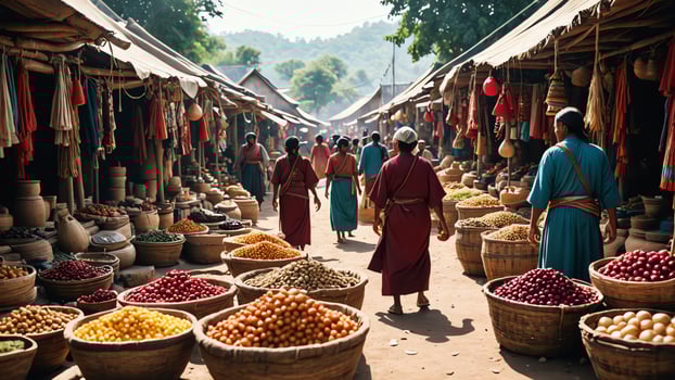 people walk through a traditional market with fruit and vegetables photo