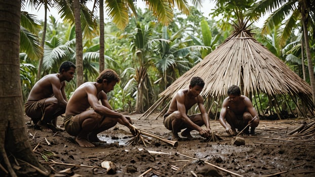 a group of people are working in the jungle photo