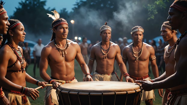 a group of men in native attire playing drums photo