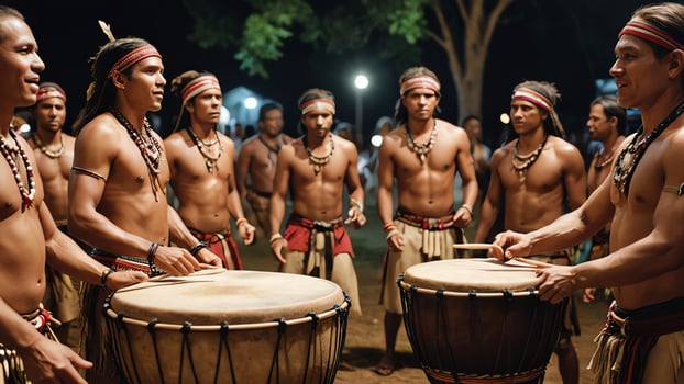 a group of men in native attire playing drums photo