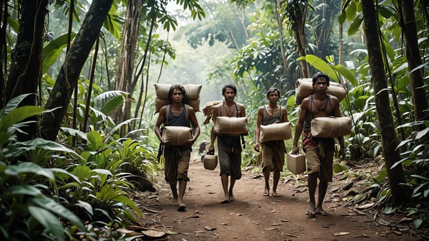 men carrying bags walk down a dirt road in the jungle photo