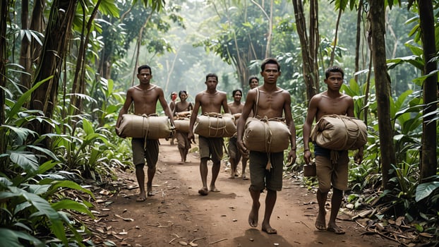 men carrying bags walk down a dirt road in the jungle photo
