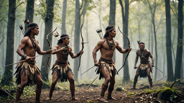 view of a group of inland tribal men practicing war, with a beautiful forest photo
