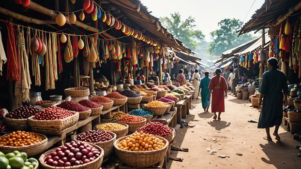 women walk through a traditional market with baskets of fruit and vegetables photo