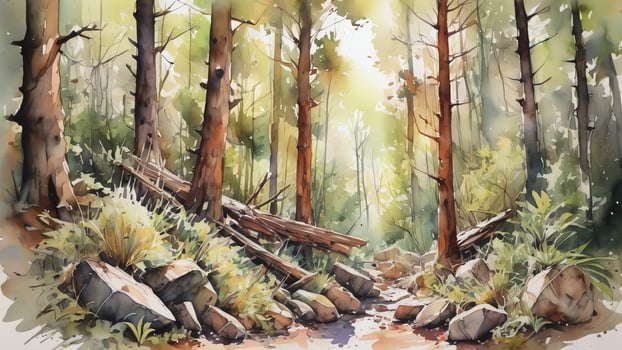 watercolor painting of a forest path in the woods photo