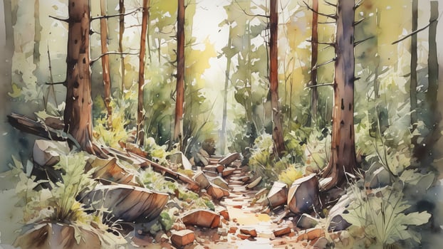 watercolor painting of a forest path in the woods photo